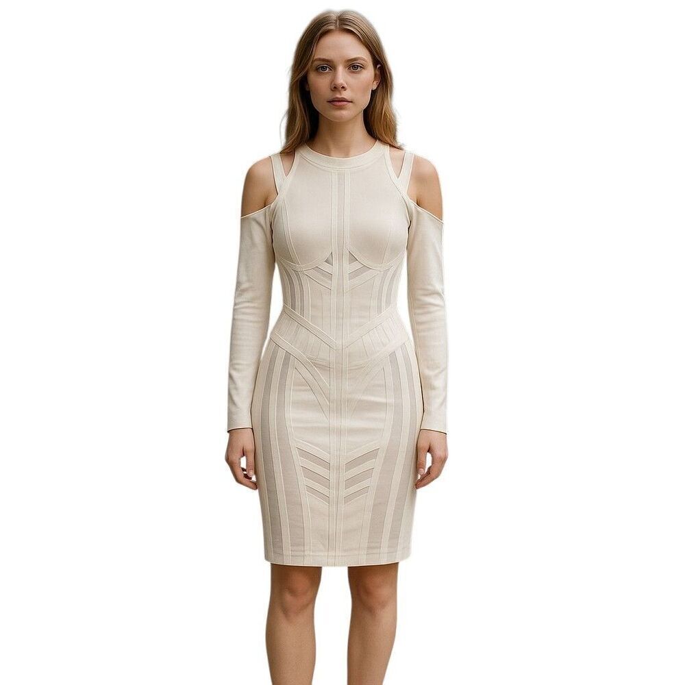 HOUSE OF CB London Bodycon Dress Mesh Cold Shoulder Knee-Length Ivory XS